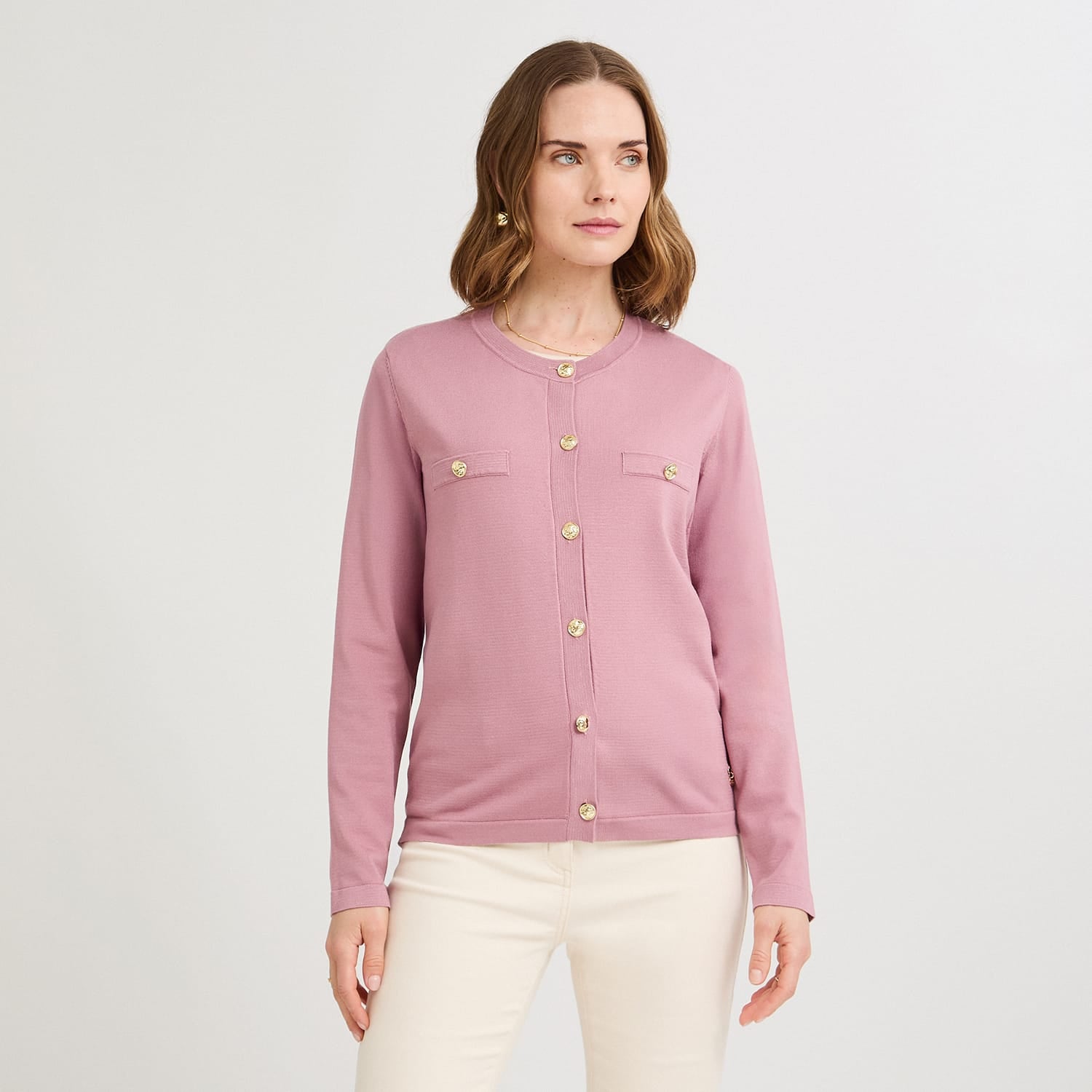 Cardigan Escote Redondo con Bolsillos Falsos Rosado